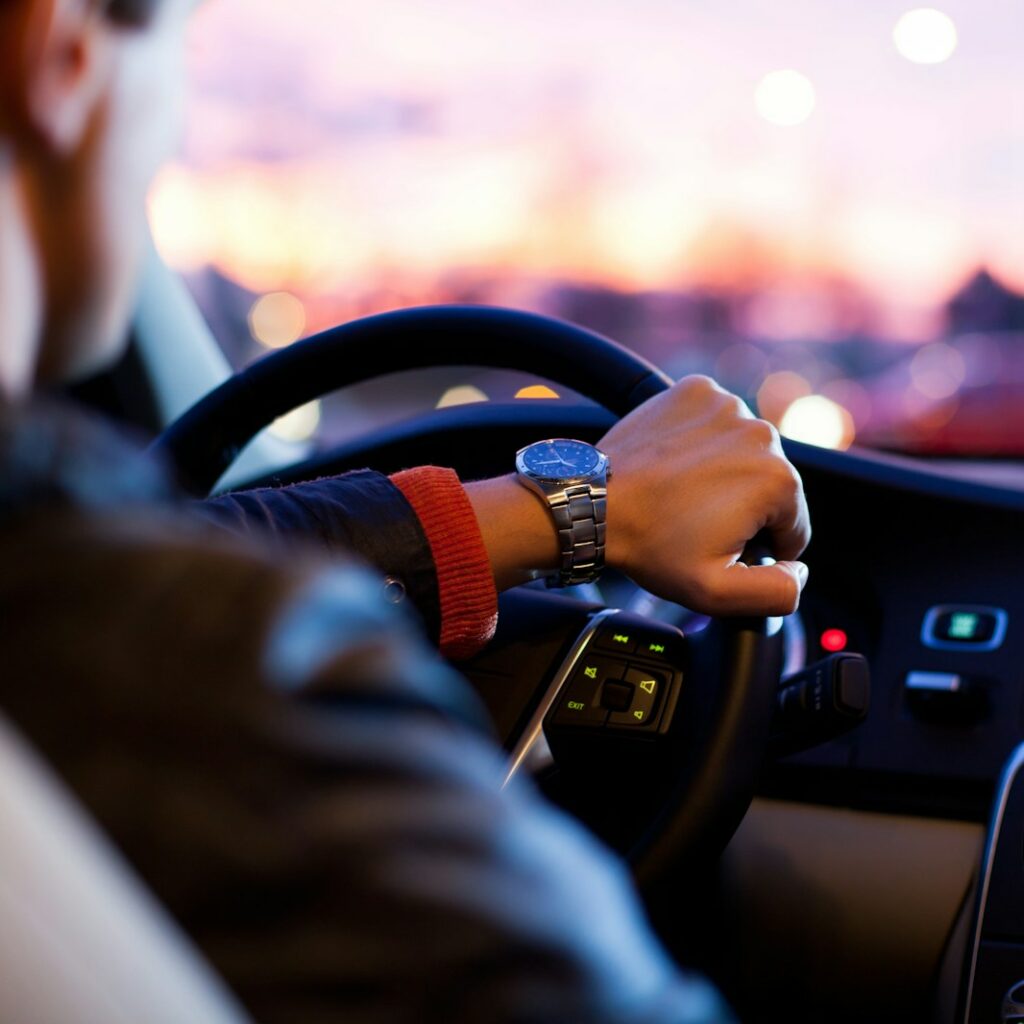 man driving a car wearing wrist watch